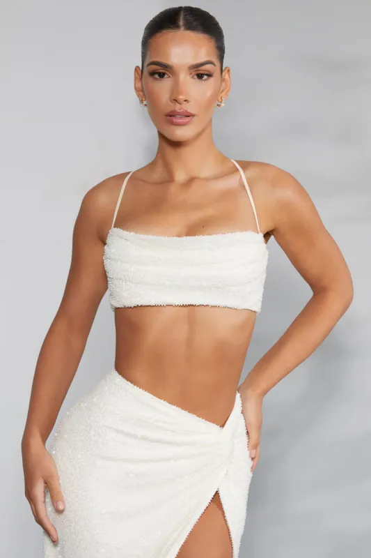 Embellished Cross Back Crop Top in Ivory sold by Oh Polly
