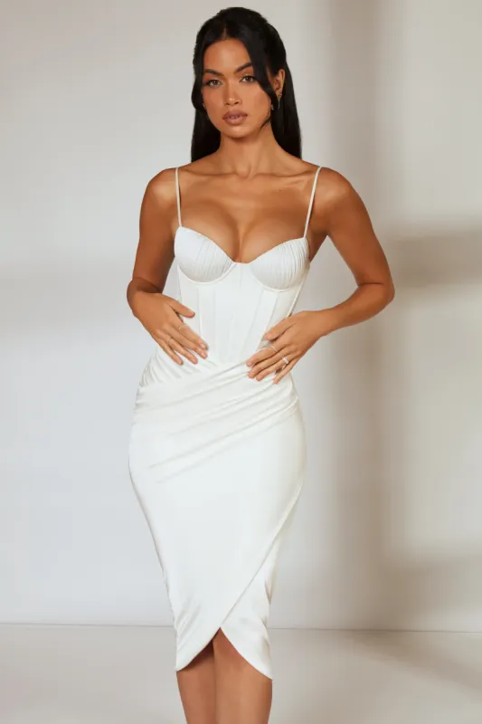 Draped Skirt Corset Midi Dress in Ivory sold by Oh Polly