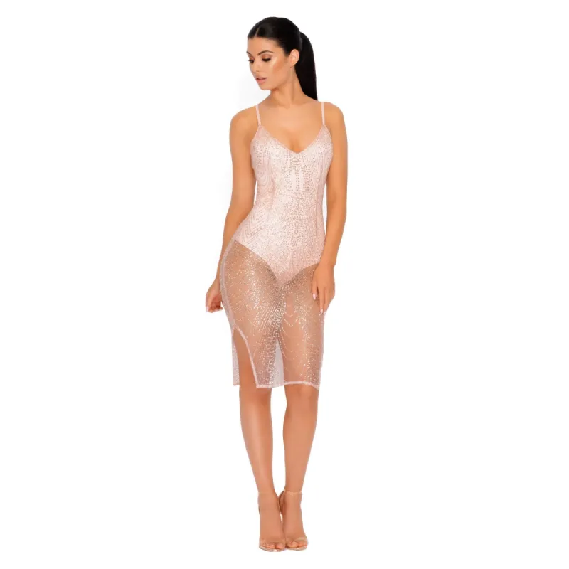 See Thru You Sheer Embellished Midi Dress in Rose Gold sold by Oh Polly
