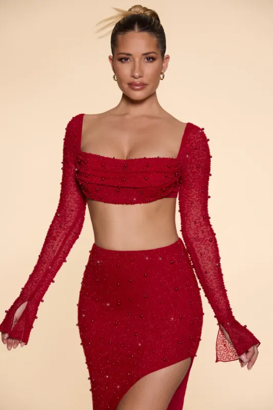 Embellished Cowl Neck Crop Top in Red sold by Oh Polly