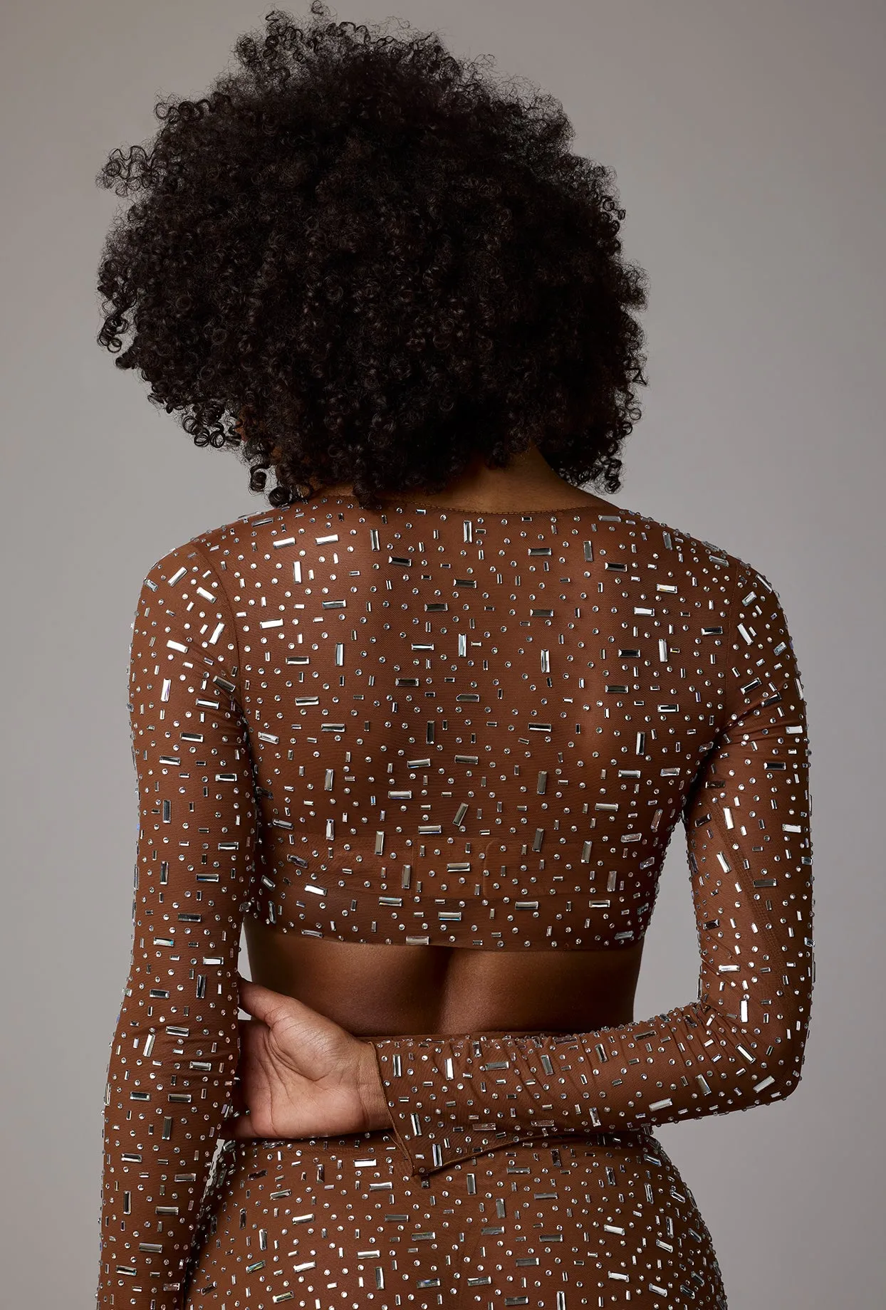 Sheer Embellished Long Sleeve Crop Top in Mocha sold by Oh Polly product image thumbnail 2