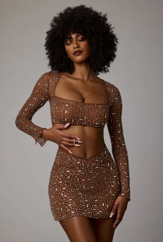 Sheer Embellished Long Sleeve Crop Top in Mocha sold by Oh Polly