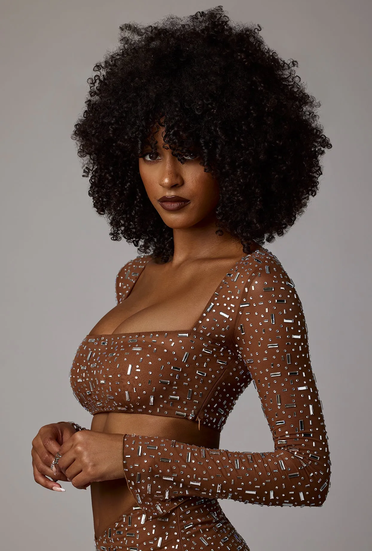Sheer Embellished Long Sleeve Crop Top in Mocha sold by Oh Polly product image thumbnail 3