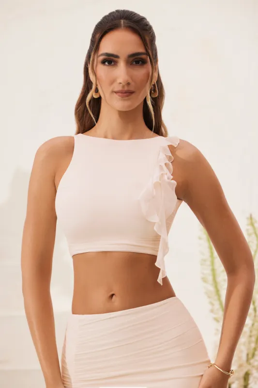 Open Back Ruched Ruffle Crop Top in Ivory sold by Oh Polly
