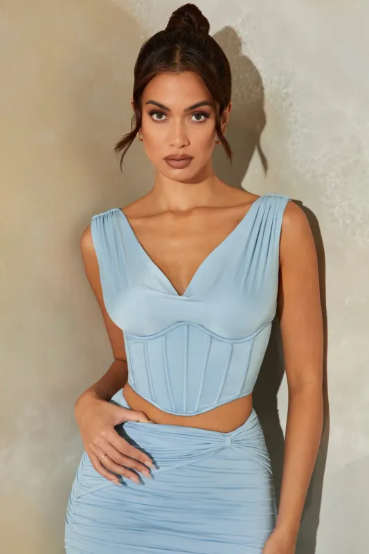 Plunge Neck Corset Crop Top in Light Blue sold by Oh Polly
