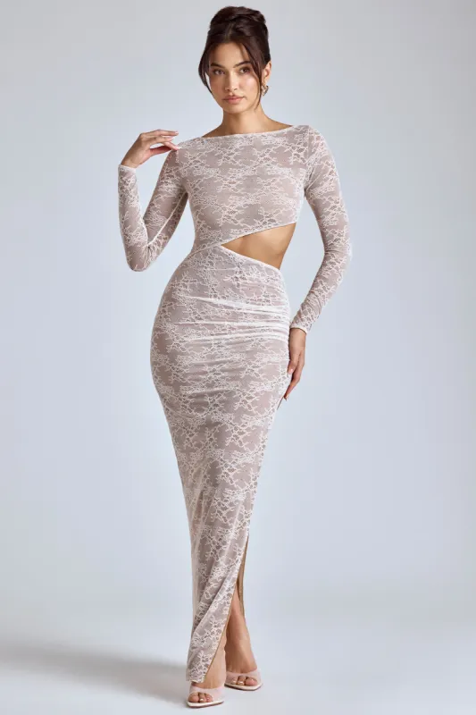 Lace Long Sleeve Maxi Dress in Ivory sold by Oh Polly