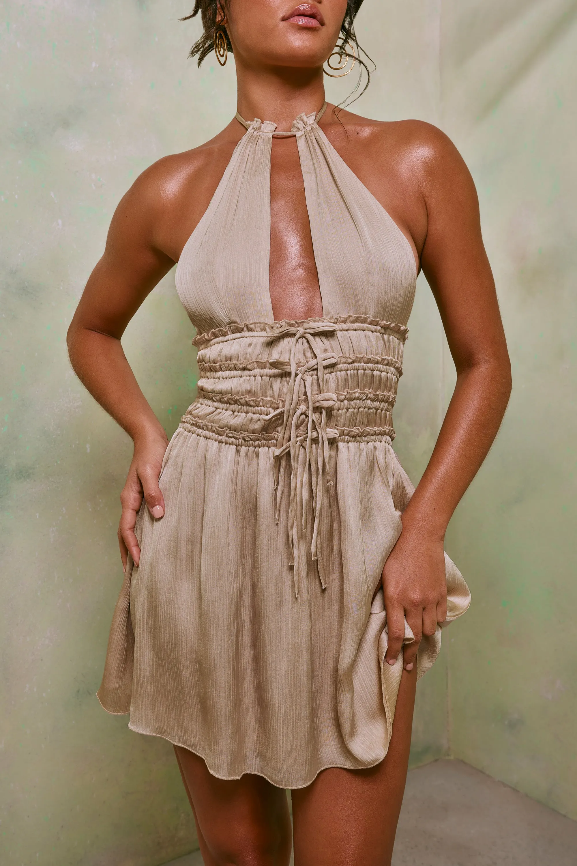 Halter Neck Cut Out Shirred Mini Dress in Sand | Parallel