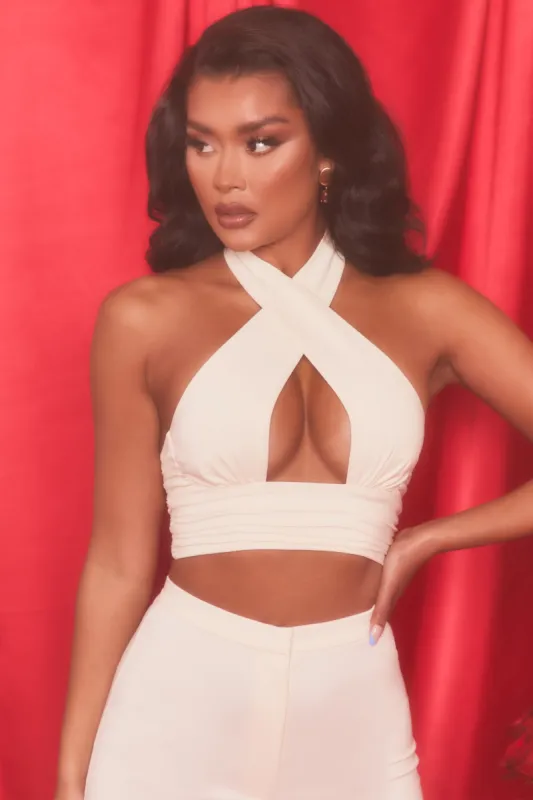 Cut Out Cross Neck Crop Top in Oyster White sold by Oh Polly