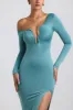 Slinky Jersey Asymmetric Ruched Hardware Detail Maxi Dress in Sea Green sold by Oh Polly