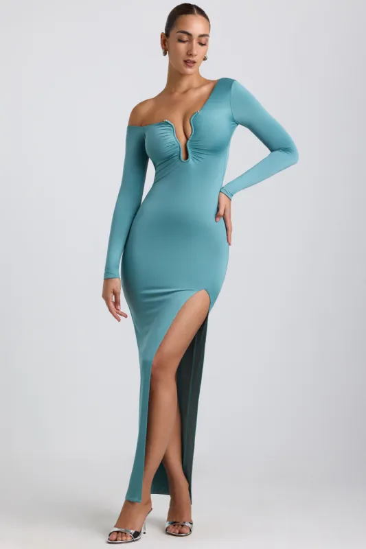 dusty turquoise slinky strappy ruched side detail bodycon dress Jersey Asymmetric Hardware Maxi in Sea Green Wash Cold Length of