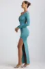Slinky Jersey Asymmetric Ruched Hardware Detail Maxi Dress in Sea Green sold by Oh Polly