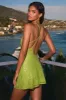 Embellished Open-Back A-Line Mini Dress in Pear Green sold by Oh Polly