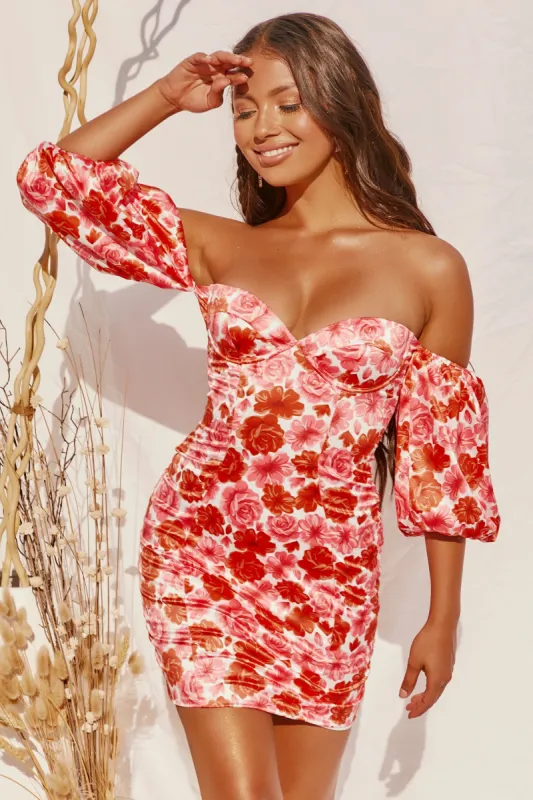 In Full Bloom Bardot Puff Sleeve Satin Mini Dress in Red sold by Oh Polly