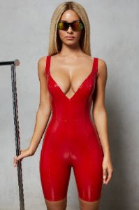 Play The Game Plunge Vinyl Playsuit in Red sold by Oh Polly