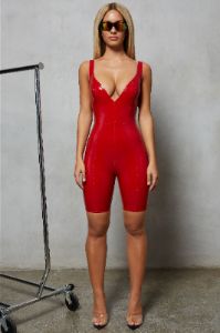 Play The Game Plunge Vinyl Playsuit in Red sold by Oh Polly