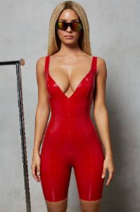 Play The Game Plunge Vinyl Playsuit in Red sold by Oh Polly
