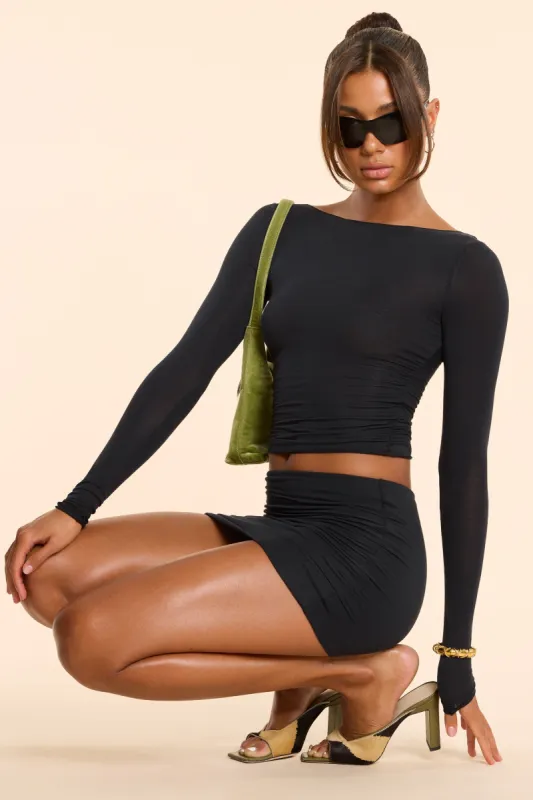 Long Sleeve Straight Neck Ruched Modal Cashmere Blend Top in Black sold by Oh Polly