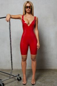 Play The Game Plunge Vinyl Playsuit in Red sold by Oh Polly