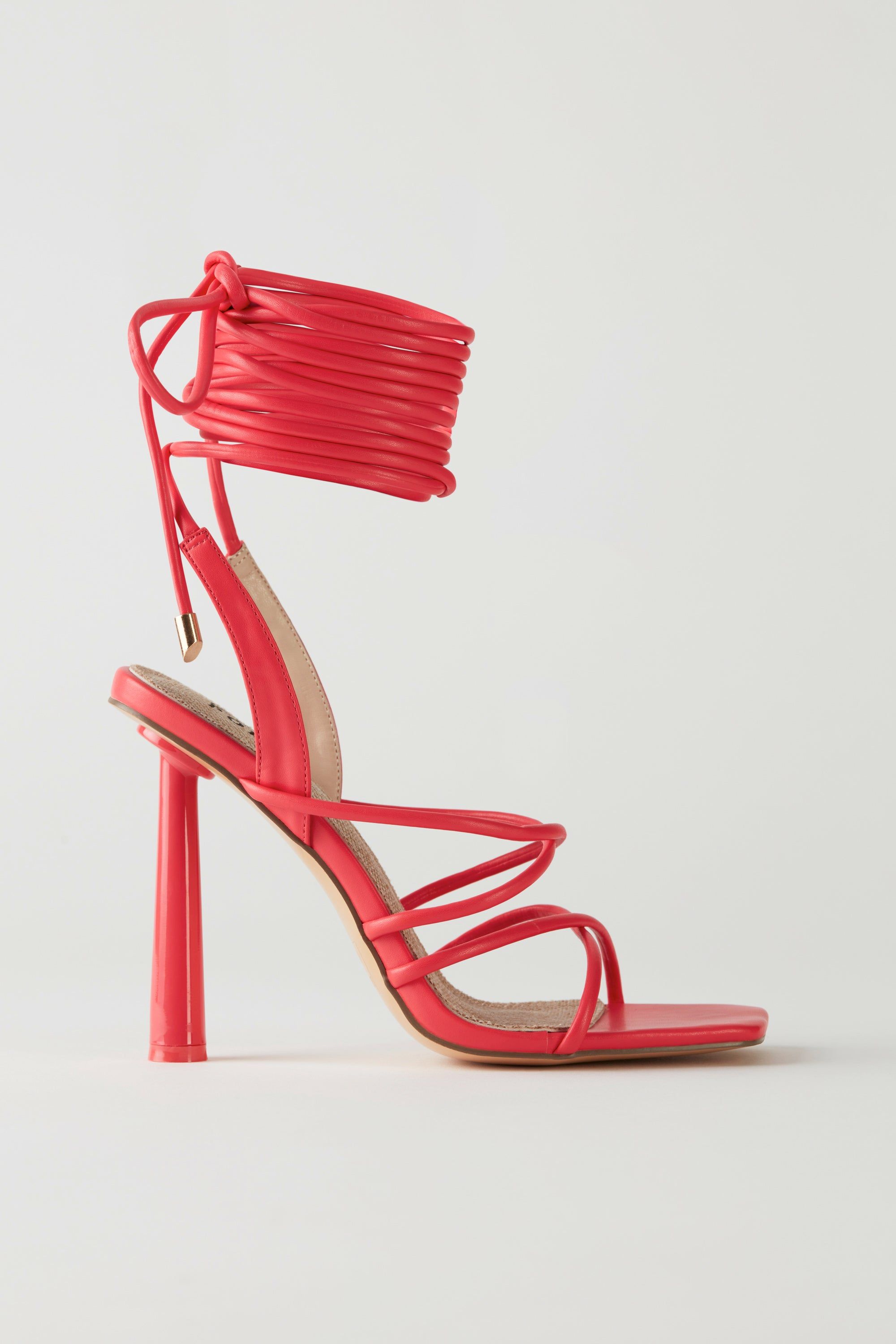 Faux Leather Lace Up Heels in Pink sold by Oh Polly