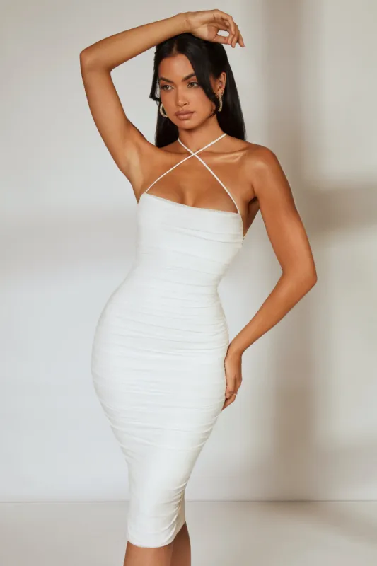 Front Cross Strap Ruched Midi Dress in Ivory sold by Oh Polly