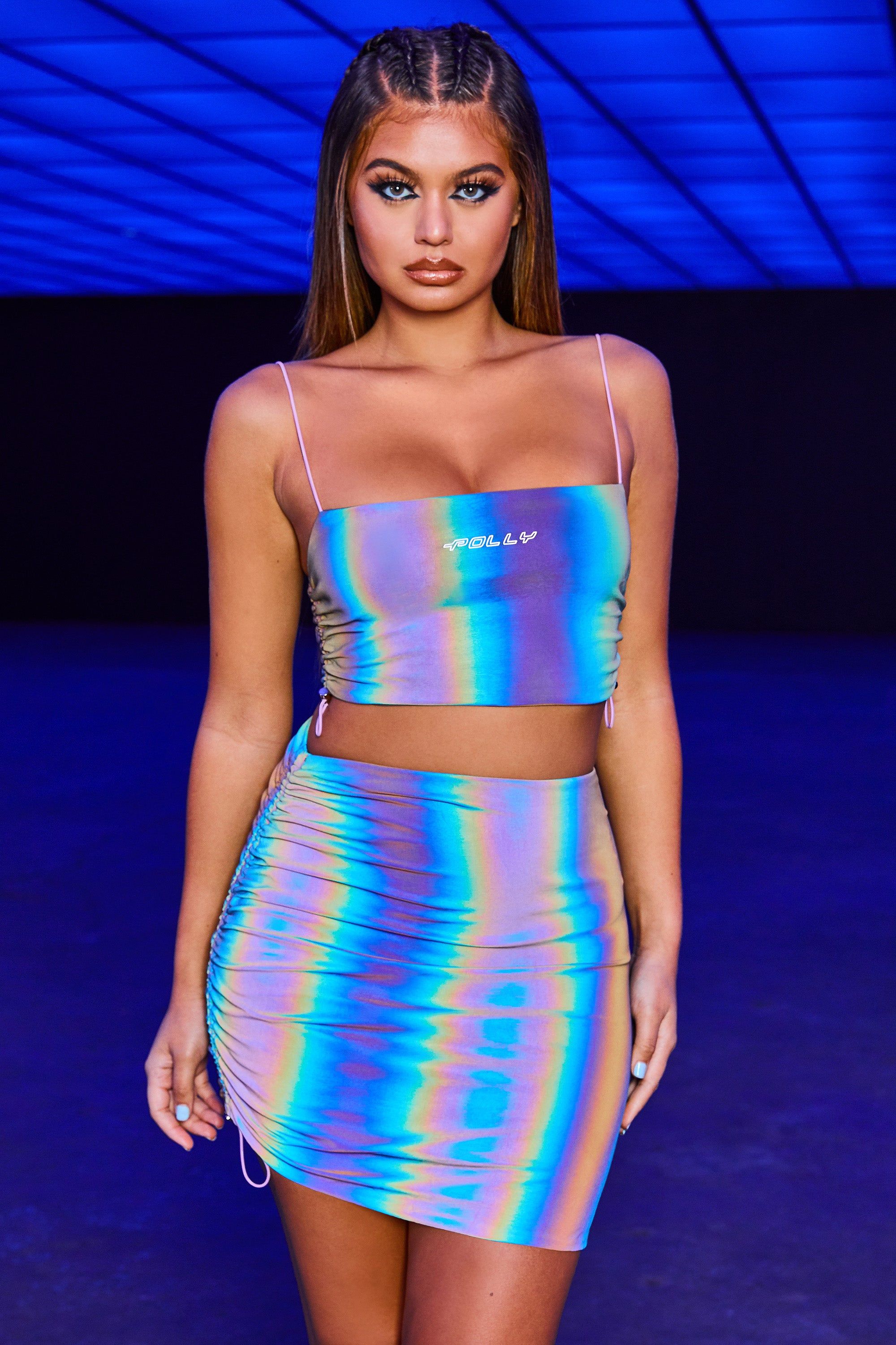 Follow The Rainbow High Waisted Reflective Mini Skirt in Black & Pink sold by Oh Polly product image thumbnail 10