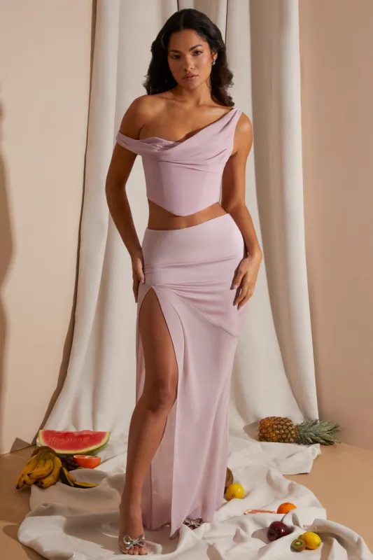 Mid Rise High Slit Maxi Skirt in Blush sold by Oh Polly