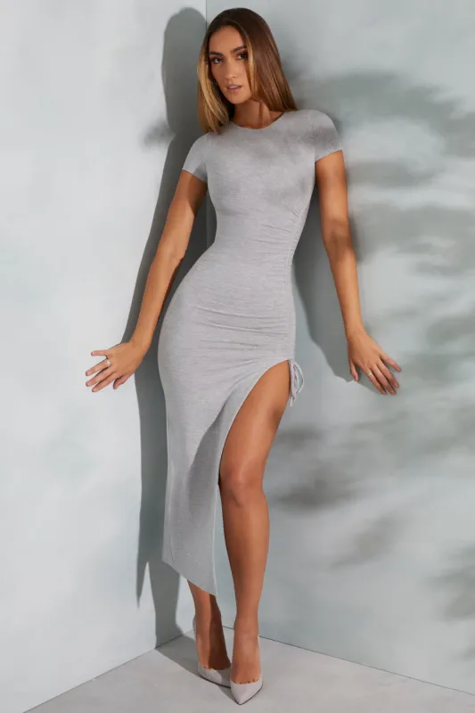 Drawstring Detail Short Sleeve Maxi Dress in Marled Grey sold by Oh Polly