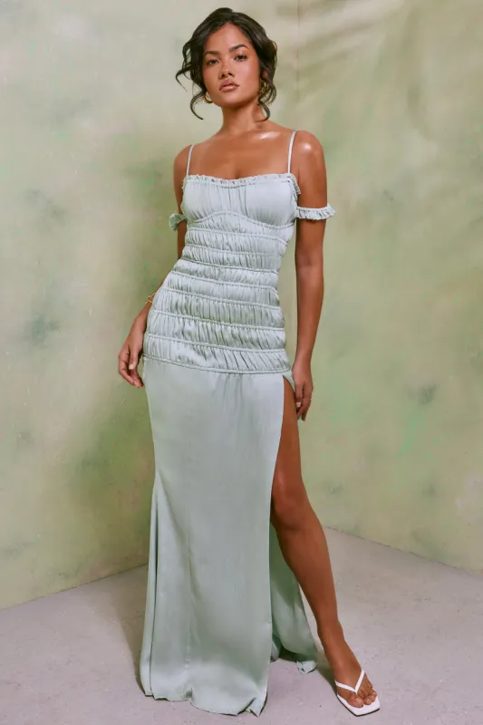 Shirred Thigh High Split Maxi Dress in Pastel Green sold by Oh Polly
