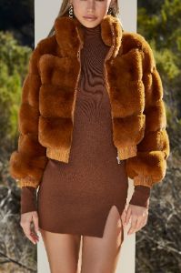 Faux Fur Panel Bomber Jacket in Brown sold by Oh Polly