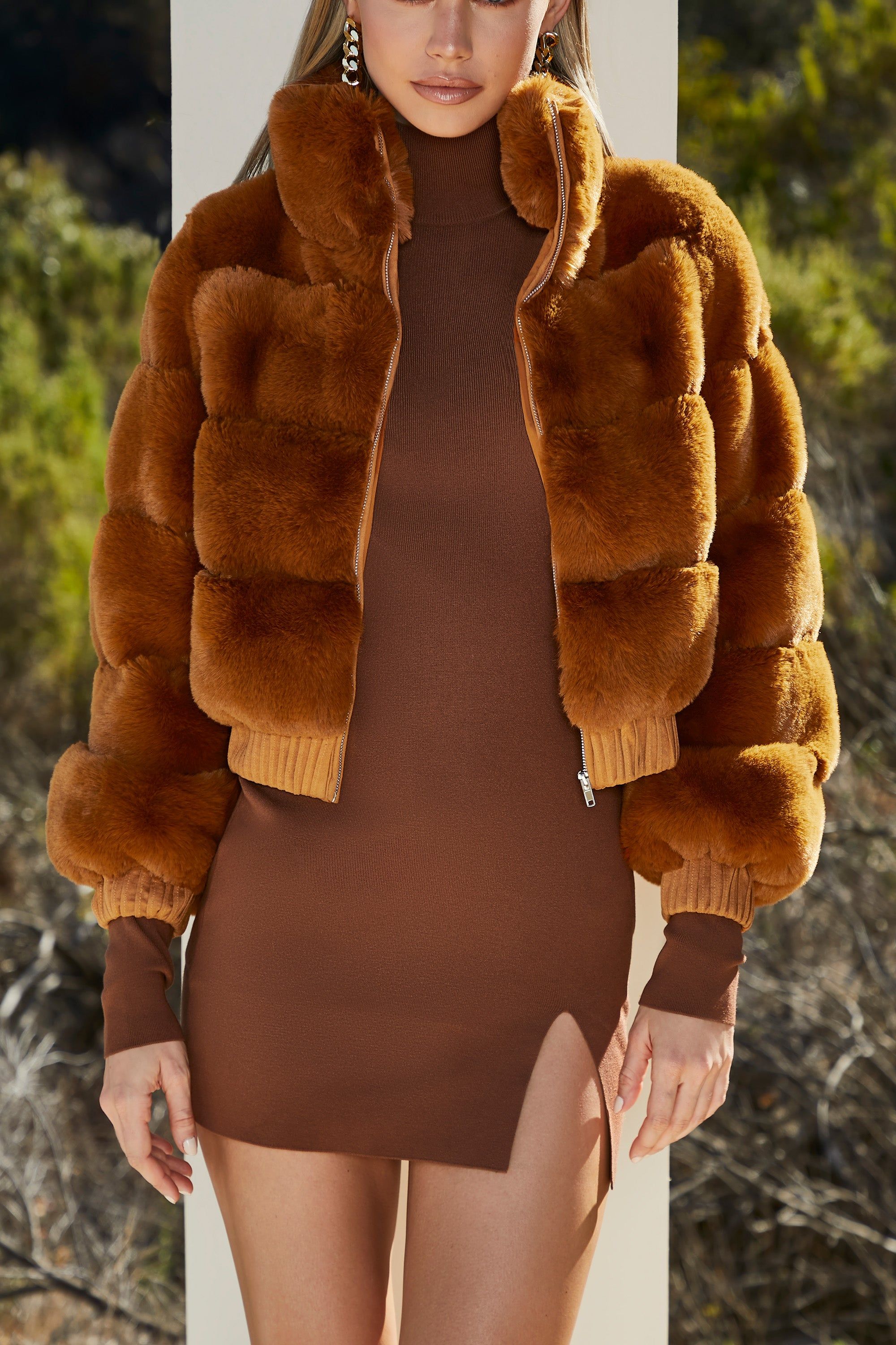 Faux Fur Panel Bomber Jacket in Brown sold by Oh Polly product image thumbnail 4