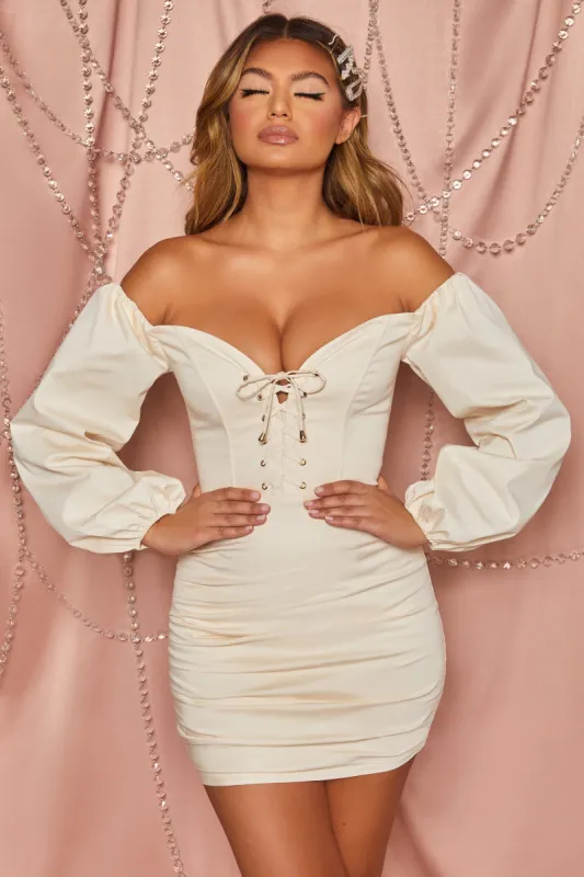 Irreplaceable Off The Shoulder Balloon Sleeve Mini Dress in Cream sold by Oh Polly