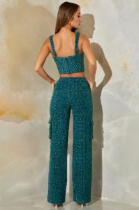 Tweed Straight Leg Cargo Trousers in Teal sold by Oh Polly