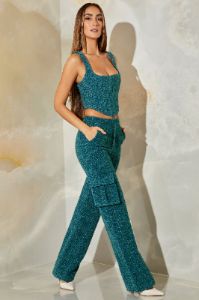 Tweed Straight Leg Cargo Trousers in Teal sold by Oh Polly
