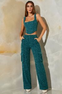 Tweed Straight Leg Cargo Trousers in Teal sold by Oh Polly