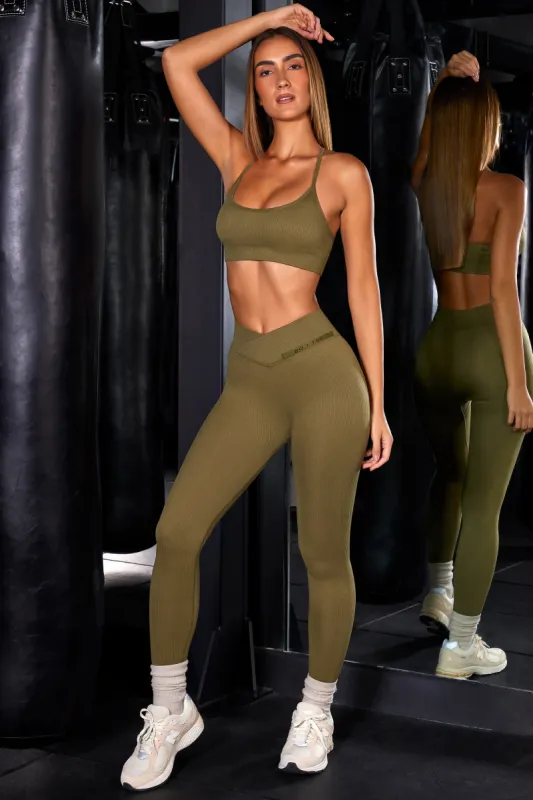 High Waist Ribbed Leggings in Olive sold by Oh Polly