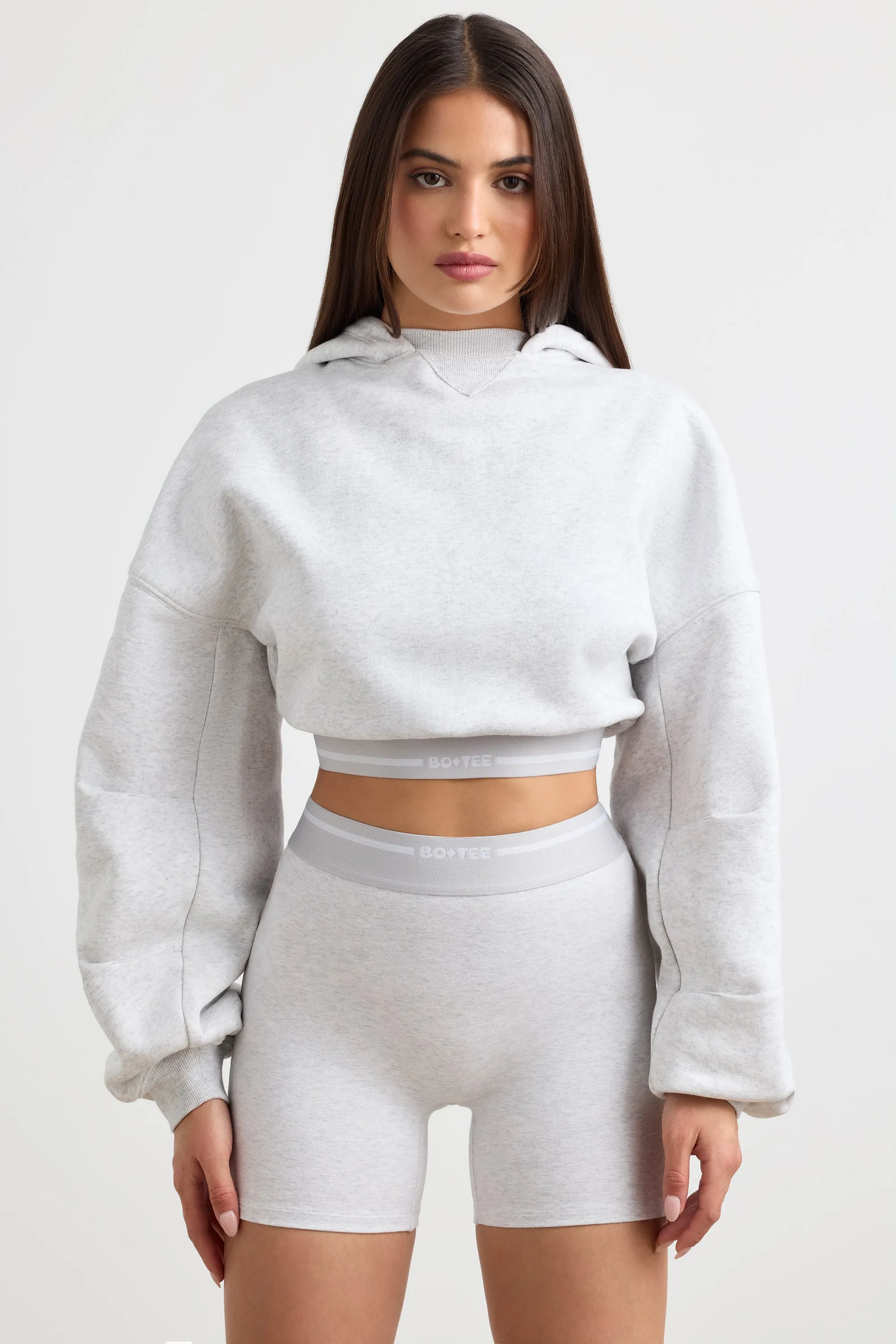 Stretch Cotton Fleece Cropped Hoodie in Grey Marl sold by Oh Polly