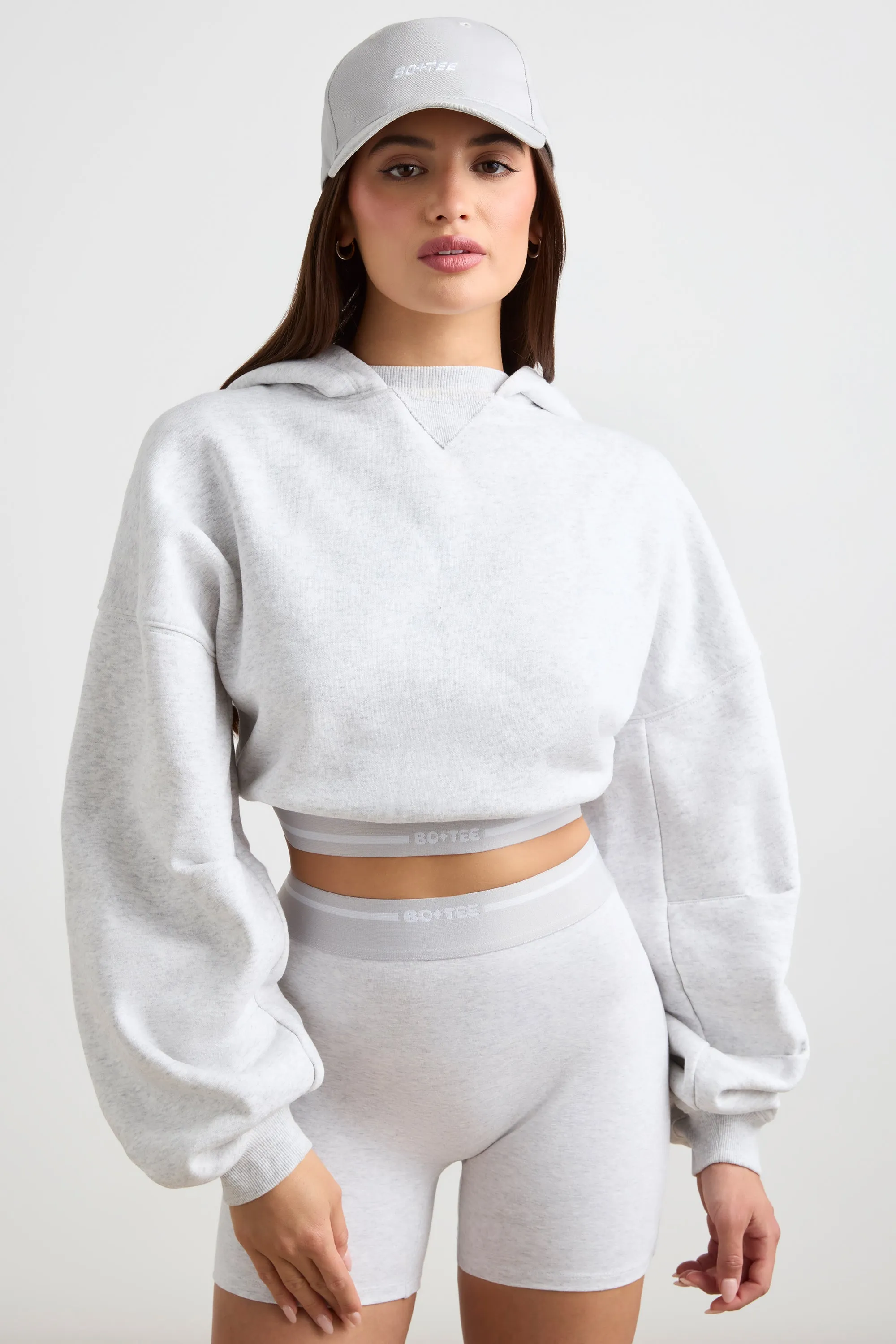 Stretch Cotton Fleece Cropped Hoodie in Grey Marl sold by Oh Polly product image thumbnail 5
