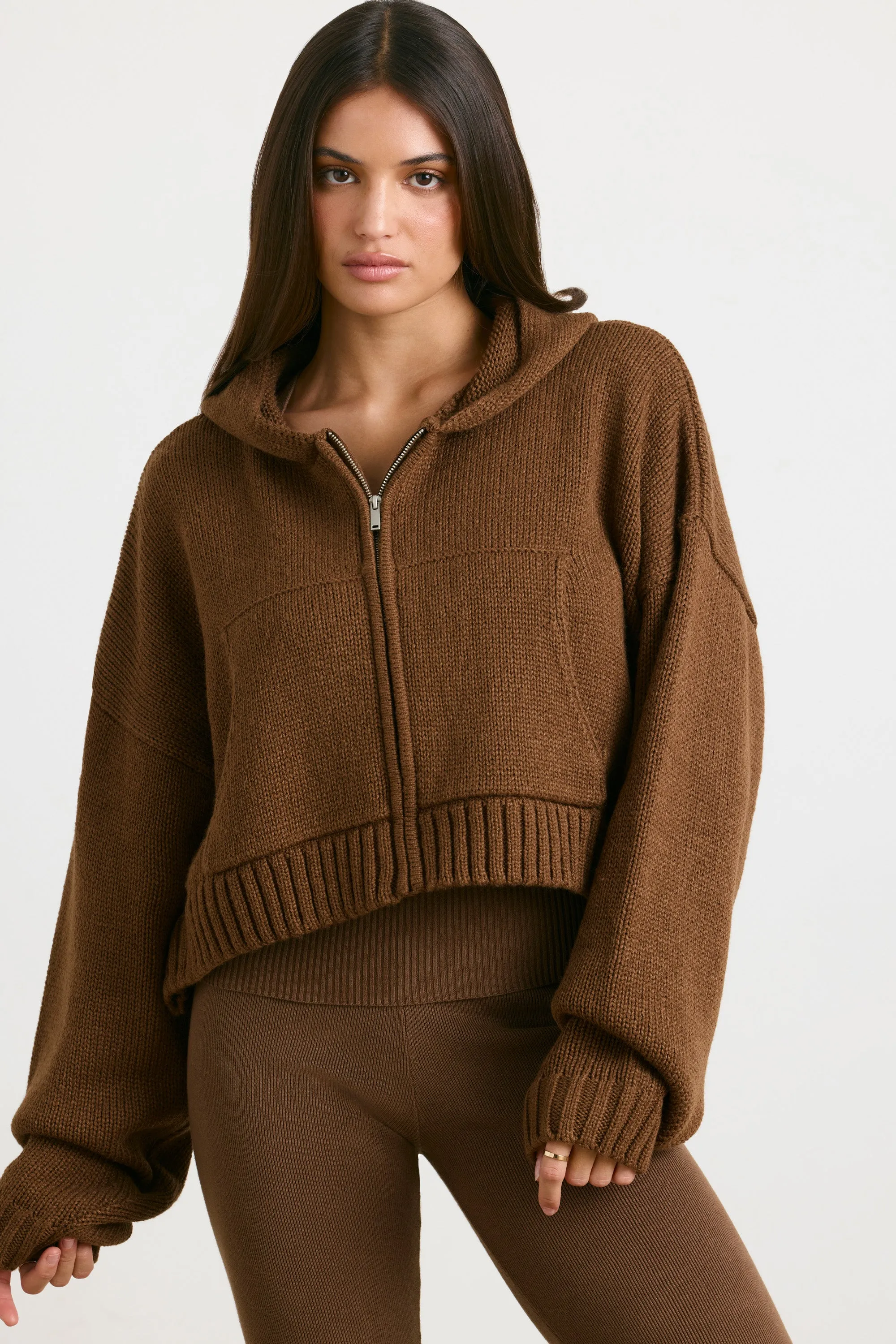 Chunky Knit Zip-Up Cropped Hoodie in Espresso sold by Oh Polly