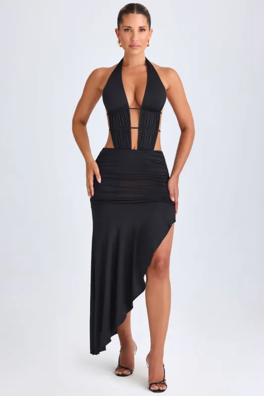 Asymmetric Cut-Out Halterneck Midaxi Dress in Black sold by Oh Polly