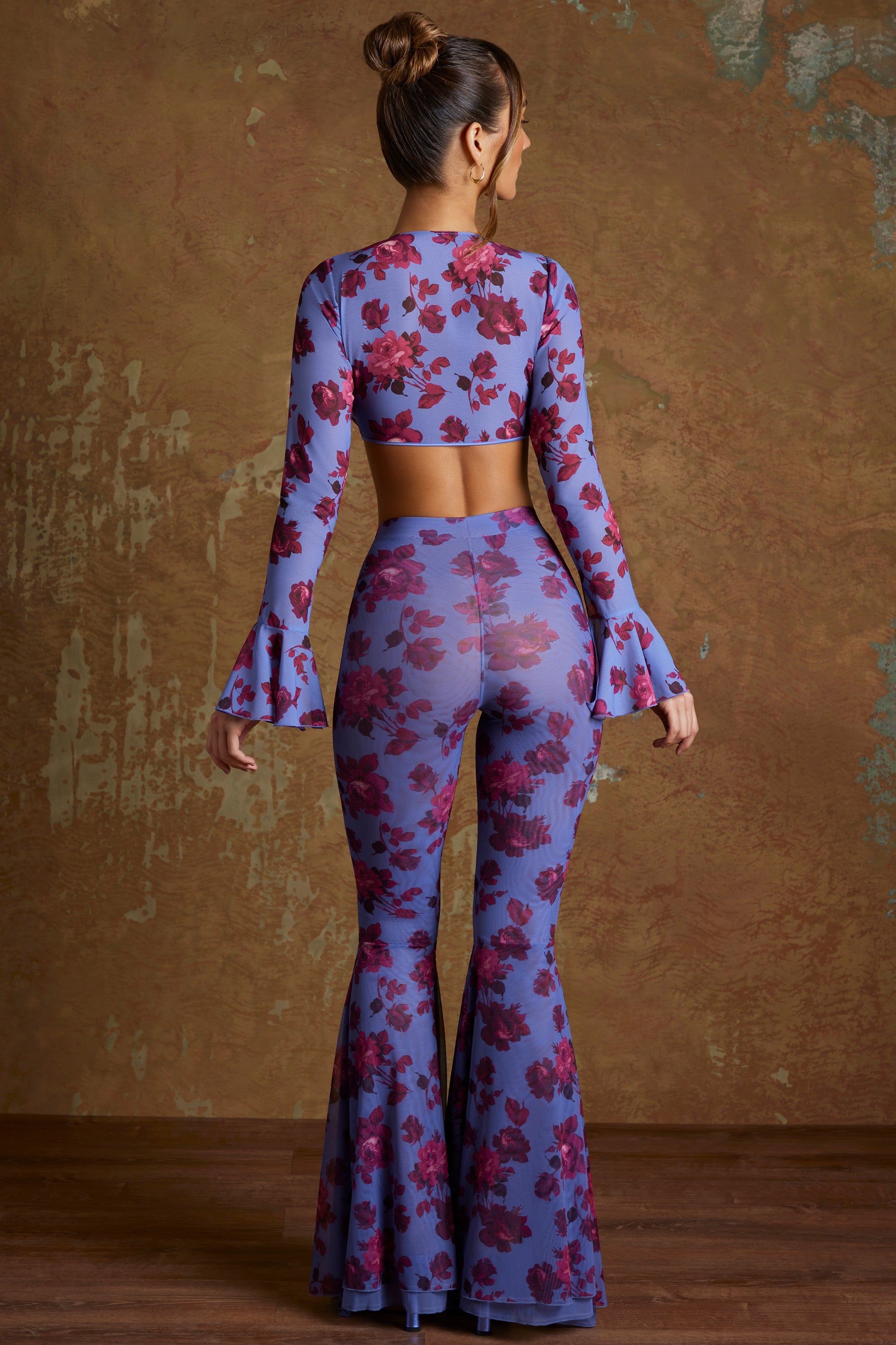 Tall Split Flare Ruffle Trousers in Periwinkle Print sold by Oh Polly product image thumbnail 2