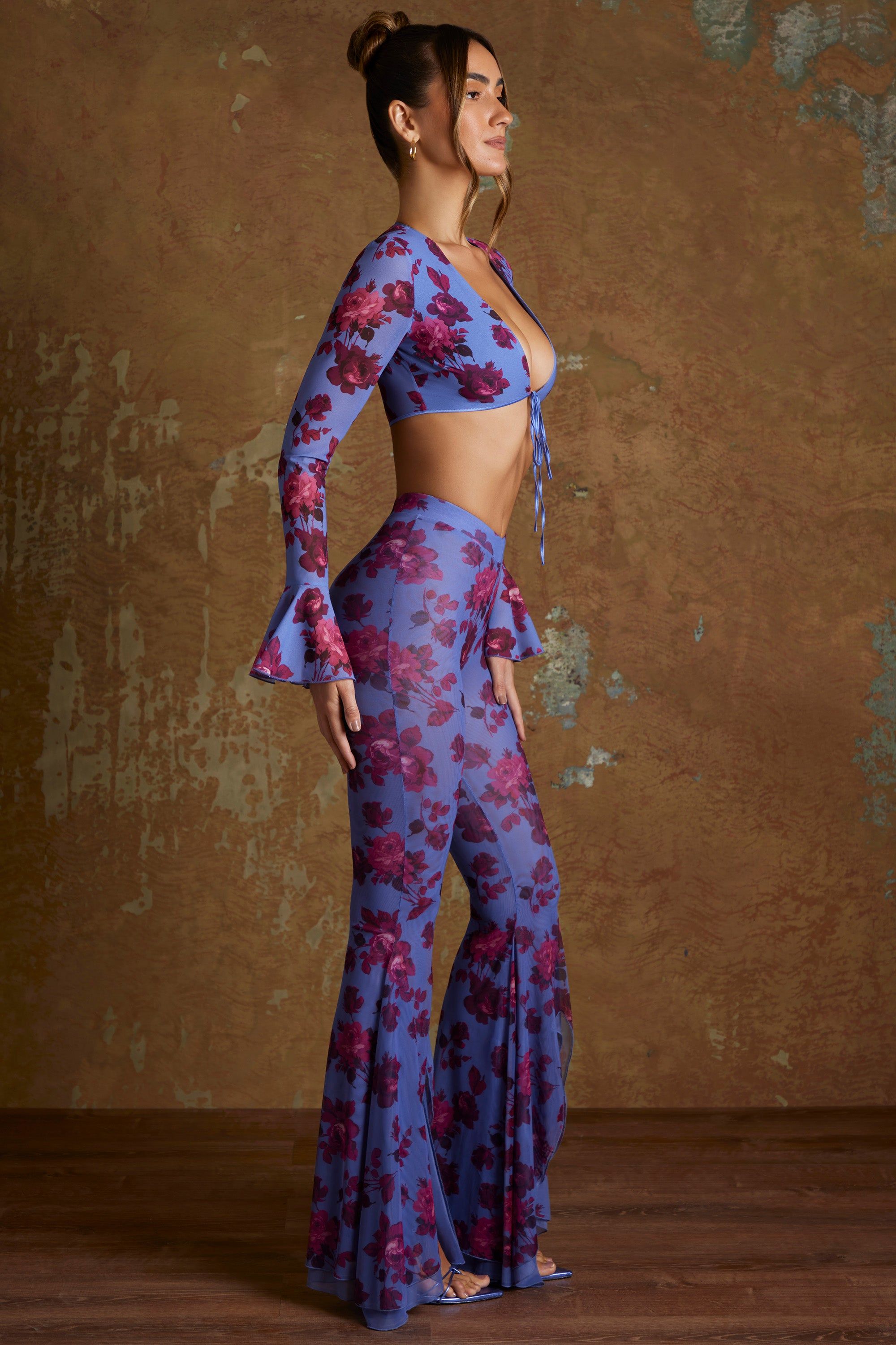 Tall Split Flare Ruffle Trousers in Periwinkle Print sold by Oh Polly product image thumbnail 3