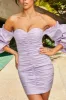 Romantic Bliss Off The Shoulder Balloon Sleeve Mini Dress in Lilac sold by Oh Polly