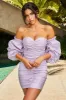 Romantic Bliss Off The Shoulder Balloon Sleeve Mini Dress in Lilac sold by Oh Polly