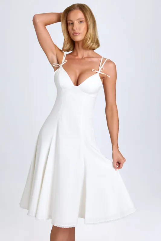 Bow-Detail Lace-Trim A-Line Midi Dress in White sold by Oh Polly
