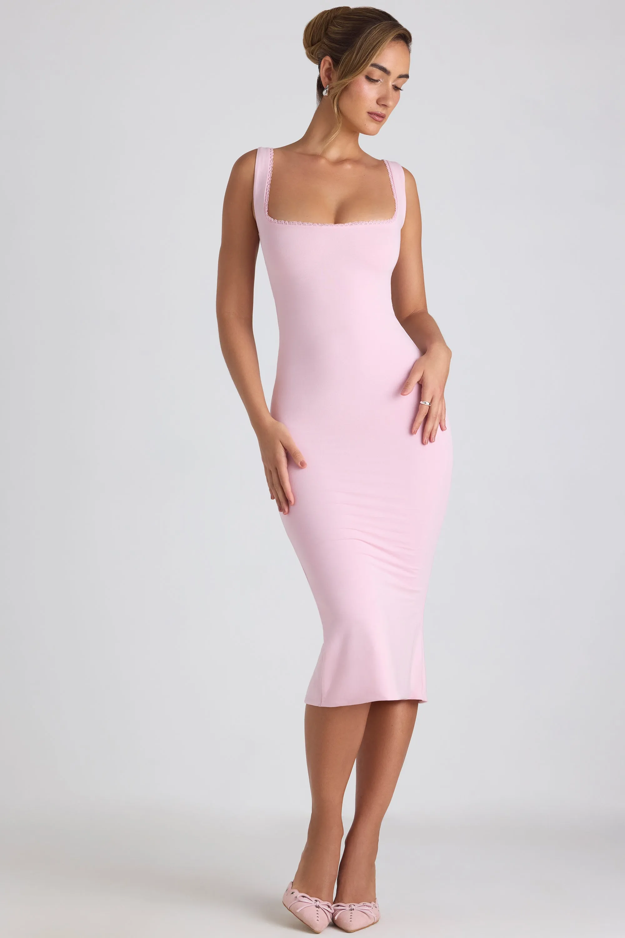 Modal Lace-Trim Midaxi Dress in Soft Pink sold by Oh Polly