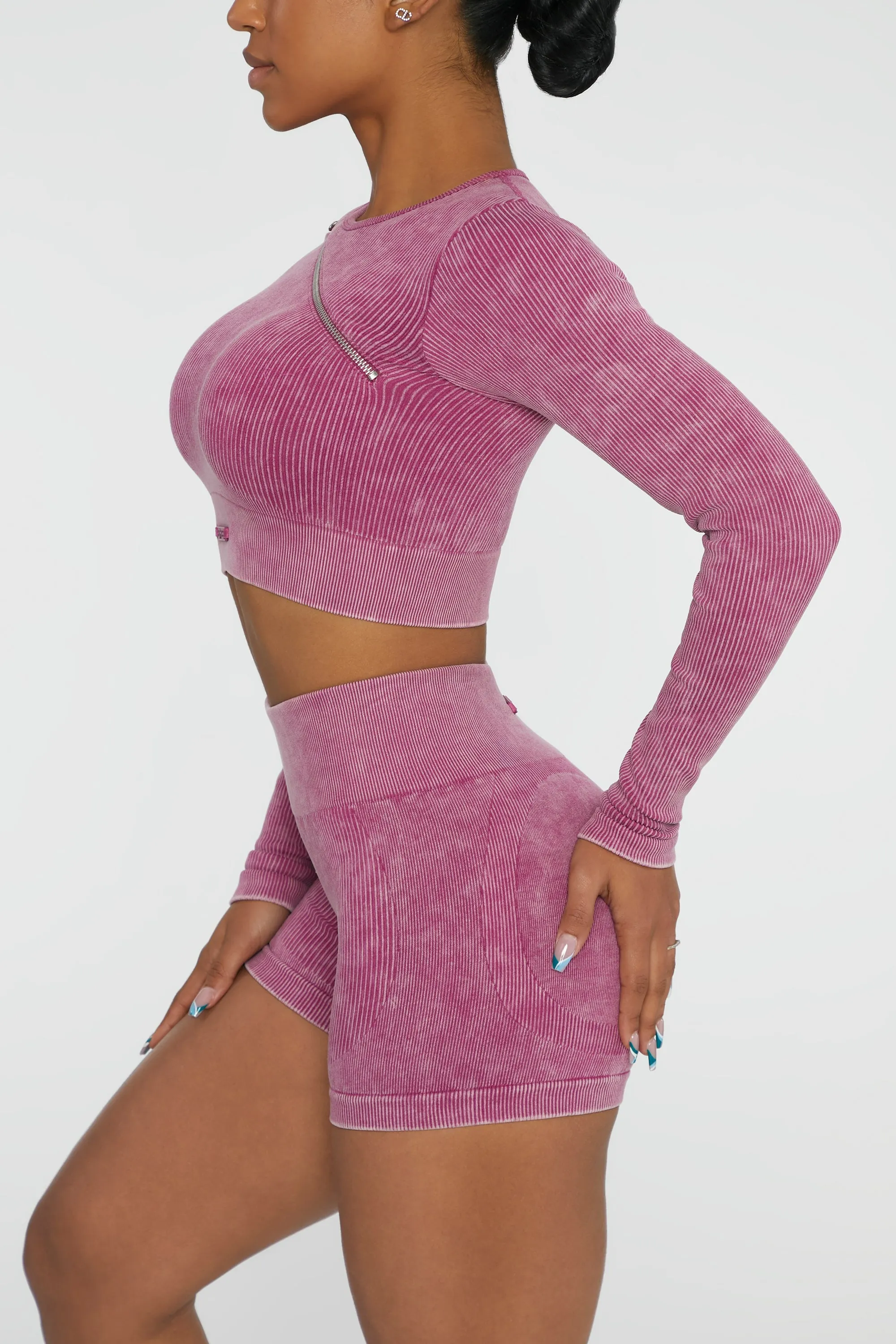 Long Sleeve High Neck Zip Crop Top in Dark Pink sold by Oh Polly product image thumbnail 4