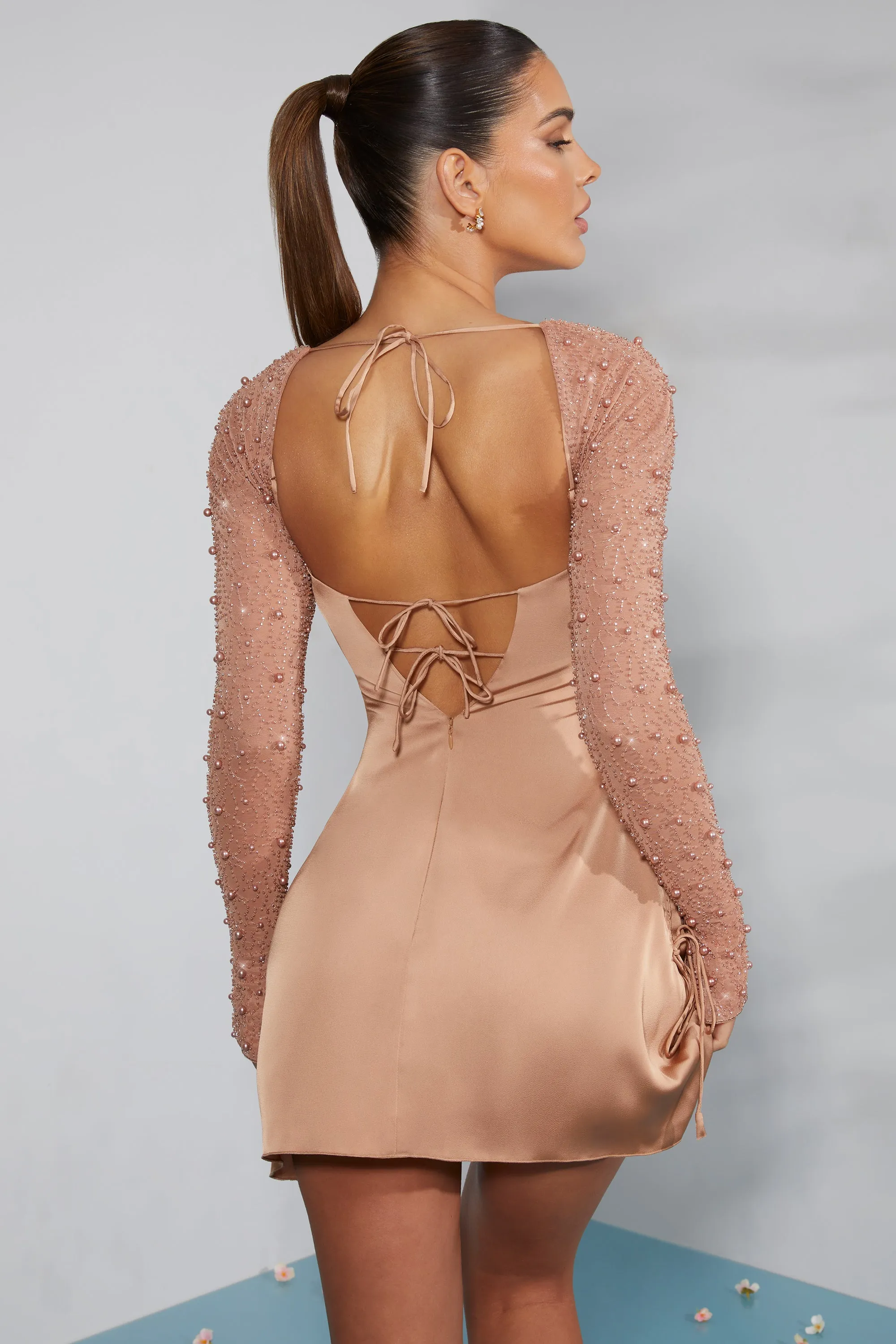 Long Sleeve Embellished A-line Mini Dress in Beige sold by Oh Polly product image thumbnail 2