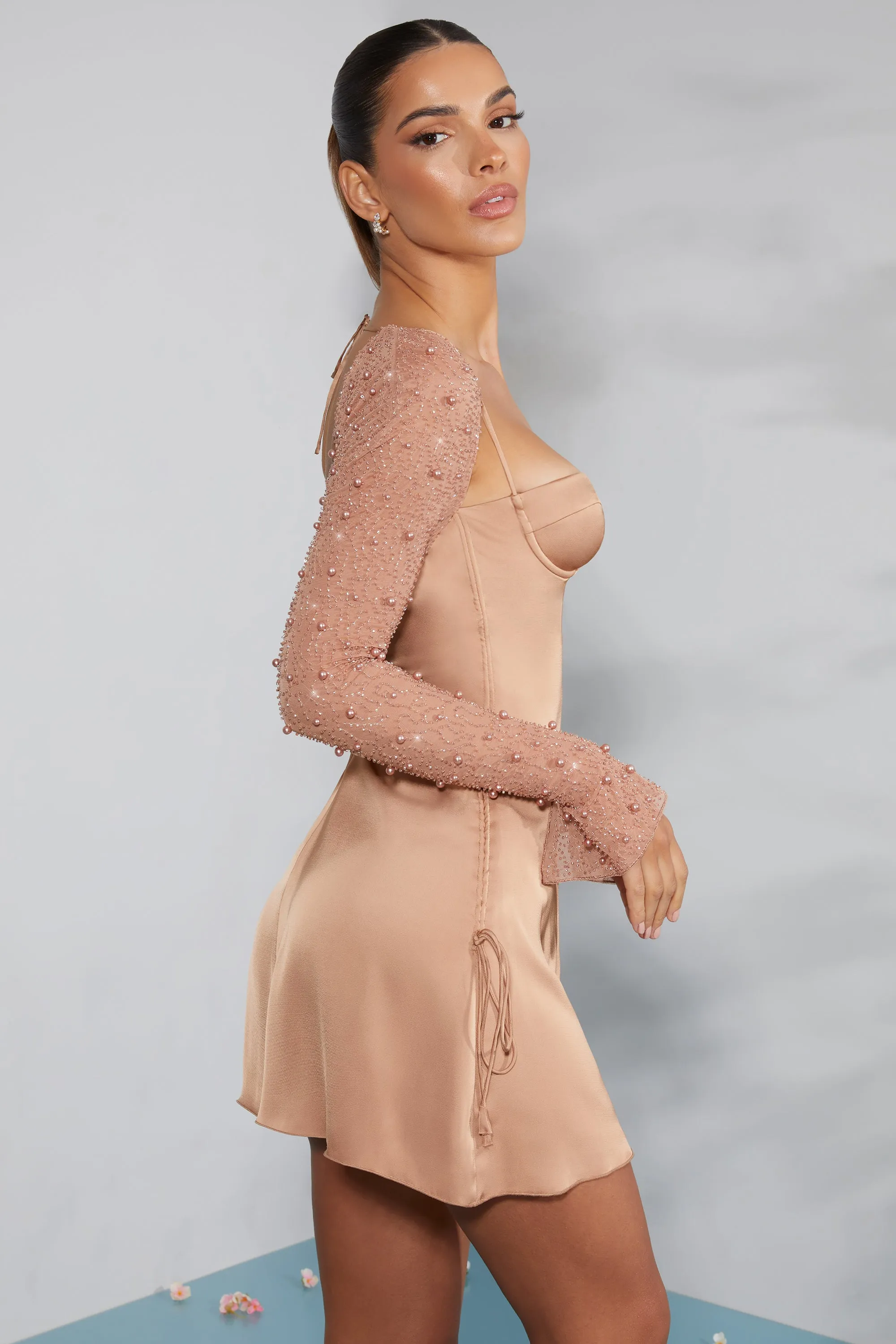 Long Sleeve Embellished A-line Mini Dress in Beige sold by Oh Polly product image thumbnail 3