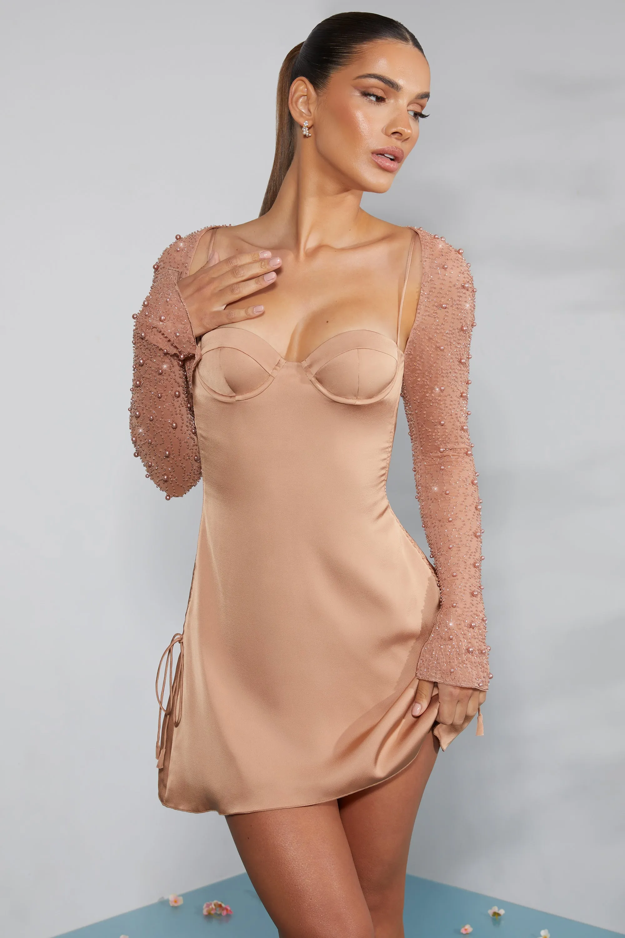 Long Sleeve Embellished A-line Mini Dress in Beige sold by Oh Polly product image thumbnail 5
