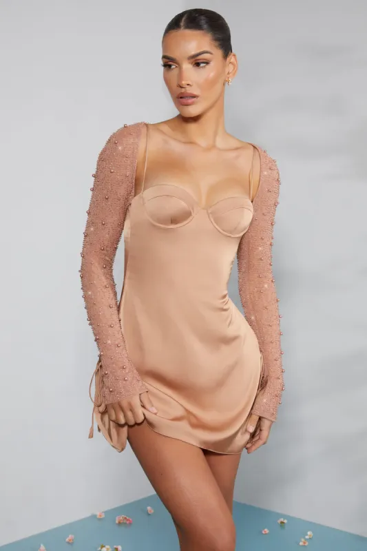 Long Sleeve Embellished A-line Mini Dress in Beige sold by Oh Polly